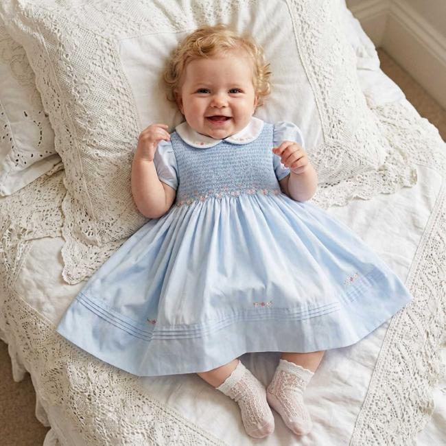 Picture of Sarah Louise Girls Smocked Bodice Puff Sleeve Dress - Pale Blue