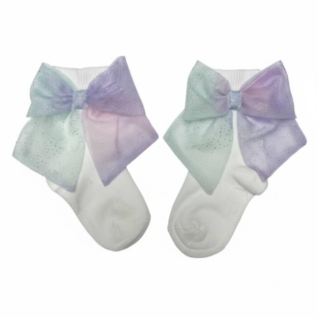 Picture of Caramelo Kids Girls Rainbow Tulle Bow Ankle Socks - Ivory Multi