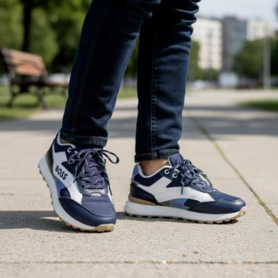 Picture of BOSS Boys Mini Me Lace Up Logo Trainers - Navy