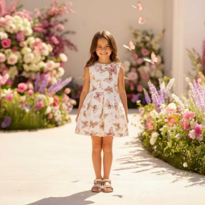 Picture of Daga Girls Twinkle Flight Print Poplin Dress  With Big Bow - White Beige