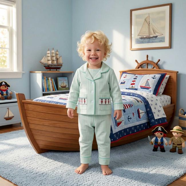 Picture of Beau KiD Boys Smocked Guards Pyjamas Set X 2 - Green Stripe