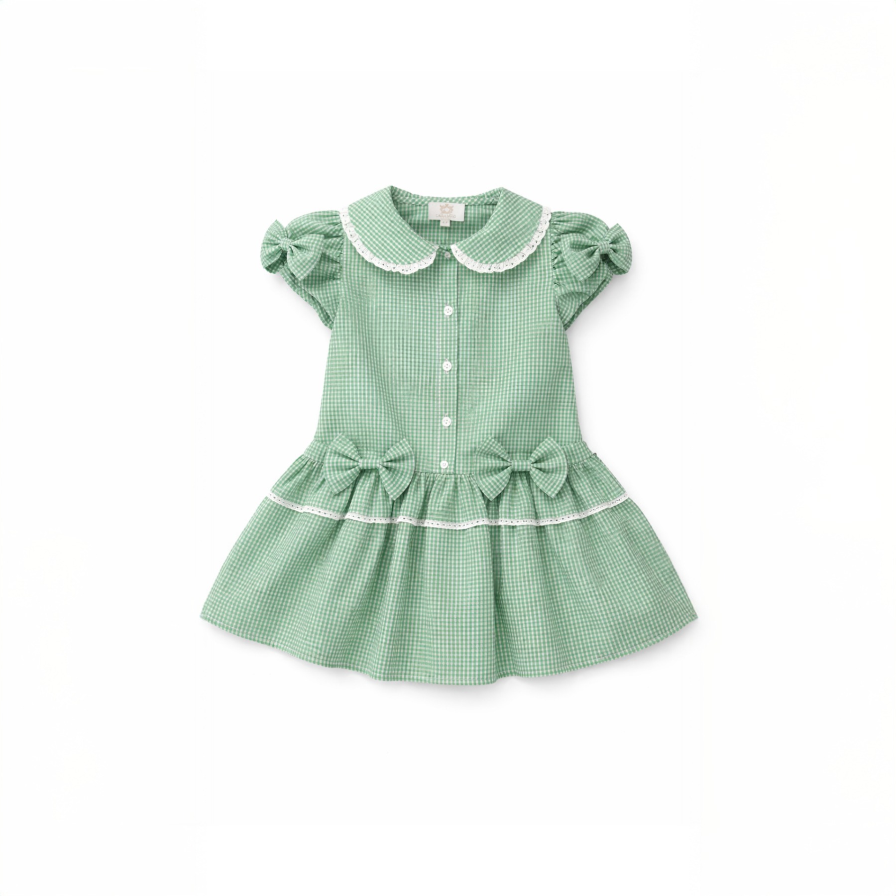 Caramelo Kids Girls Double Bow Dropped Waist School Dress - Green Gingham.