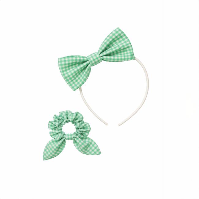 Picture of PRE ORDER Caramelo Kids Girls Gingham Scrunchie & Alice Band Set x 2 - Green
