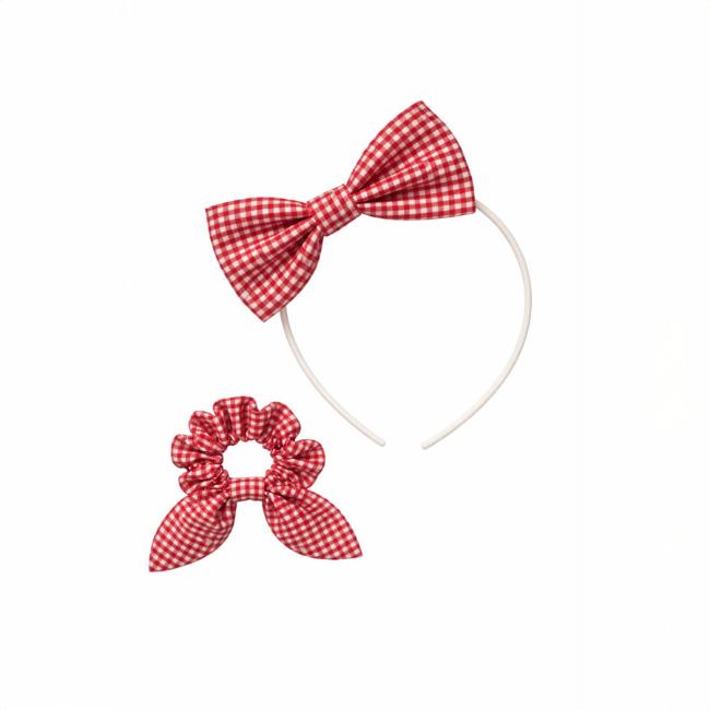 Picture of PRE ORDER Caramelo Kids Girls Gingham Scrunchie & Alice Band Set x 2 - Red