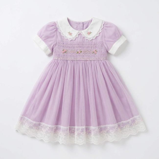 Picture of Beau KiD Girls Summer Smocked Bodice Puff Sleeve Tulle Overlay Dress - Lilac