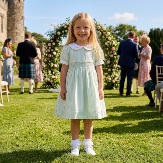 Picture of Beau KiD Girls Smocked Traditional Puff Sleeve Dress - Mint Green Stripe