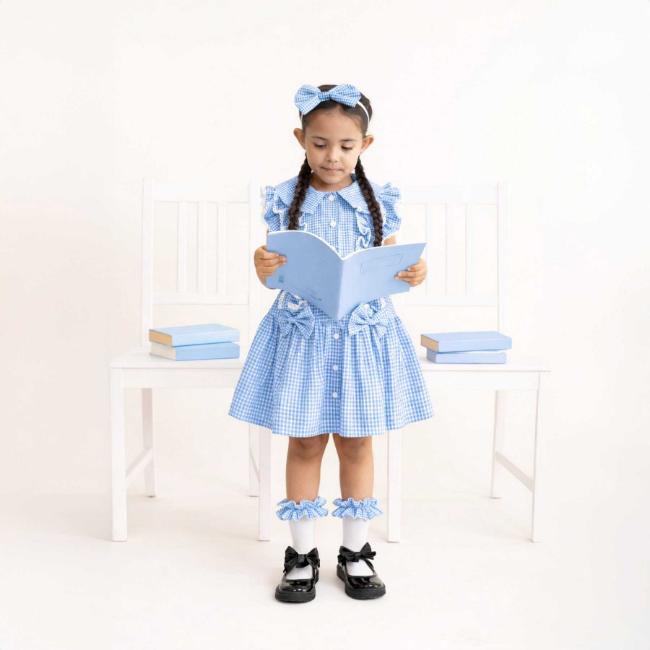 Picture of PRE ORDER Caramelo Kids Girls Double Bow Dropped Waist School Dress - Blue Gingham
