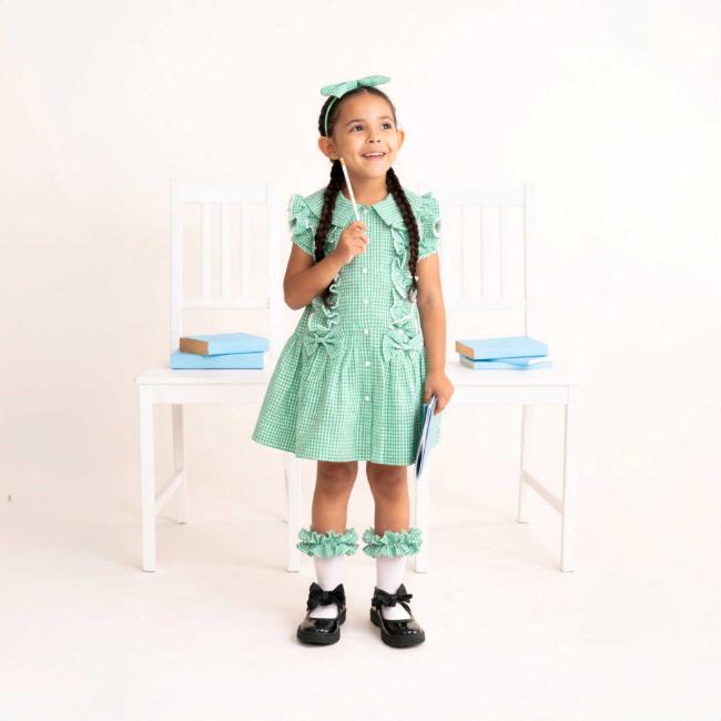 Picture of PRE ORDER Caramelo Kids Girls Double Bow Dropped Waist School Dress - Green Gingham