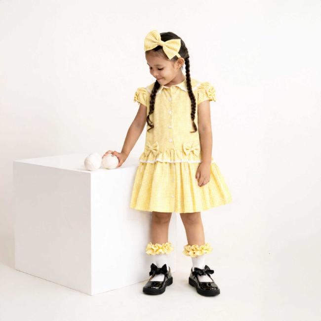 Picture of PRE ORDER Caramelo Kids Girls Bow Puff Sleeve School Dress - Yellow Gingham