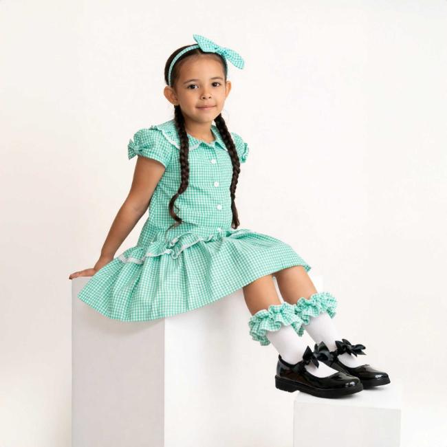 Picture of PRE ORDER Caramelo Kids Girls Bow Puff Sleeve School Dress - Green Gingham