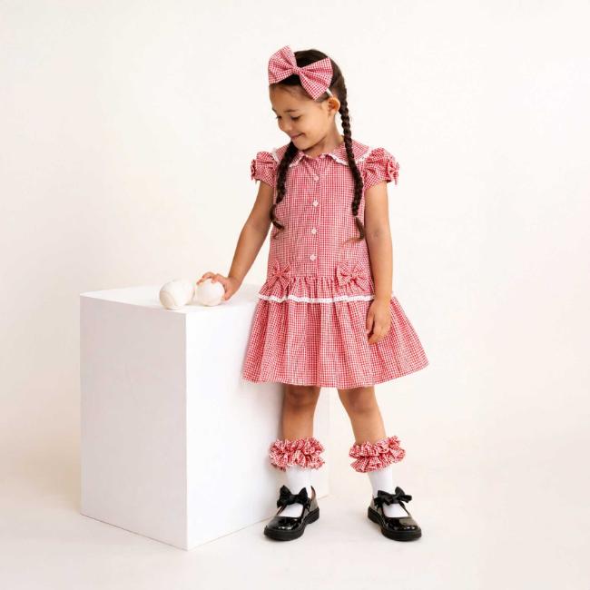 Picture of Caramelo Kids Girls Double Bow Dropped Waist School Dress - Red Gingham