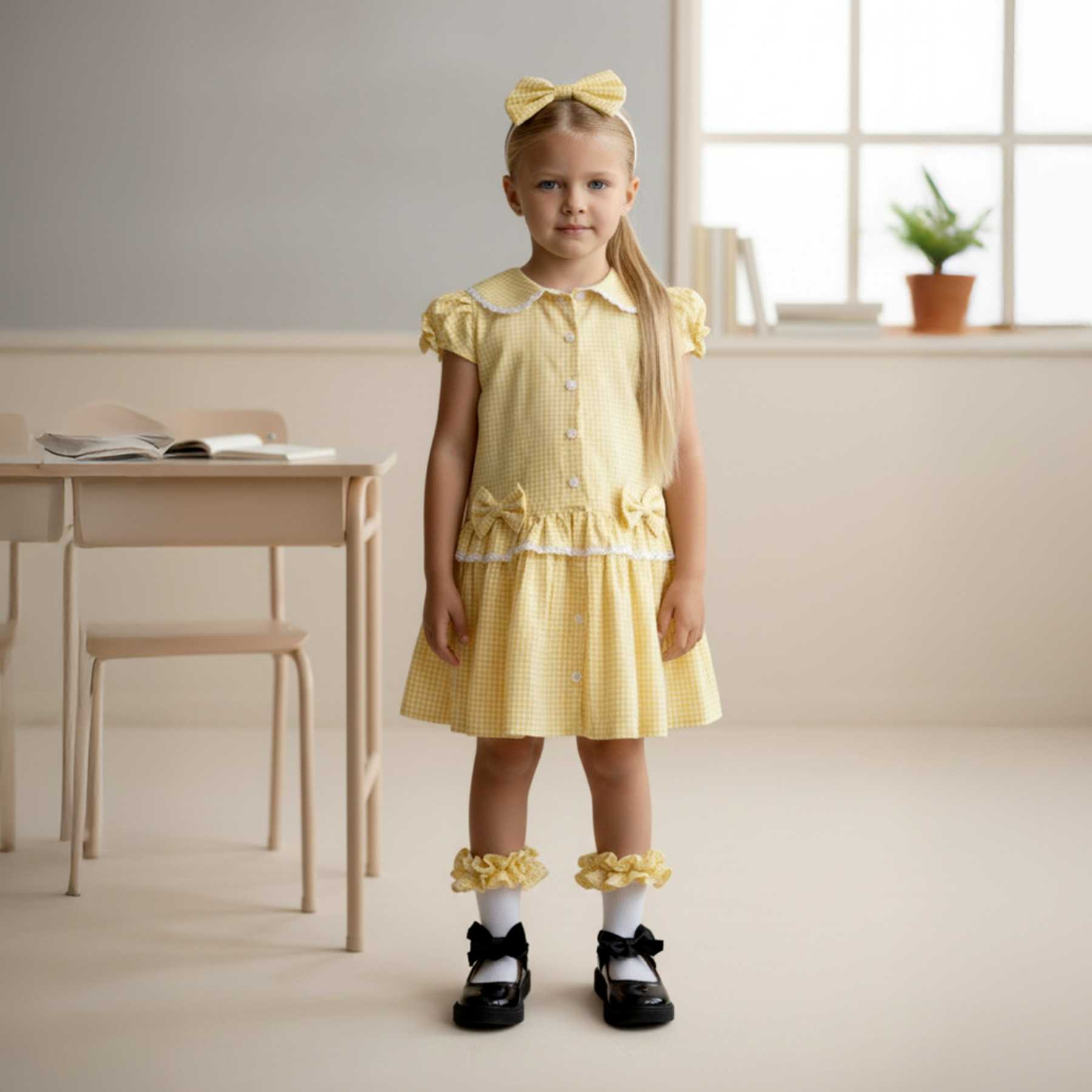 Caramelo Kids Girls Double Bow Dropped Waist School Dress - Yellow Gingham.
