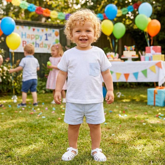 Picture of Rapife Summer Baby Boys Jersey Top & Stripe Seersucker Shorts Set X 2 - White Blue