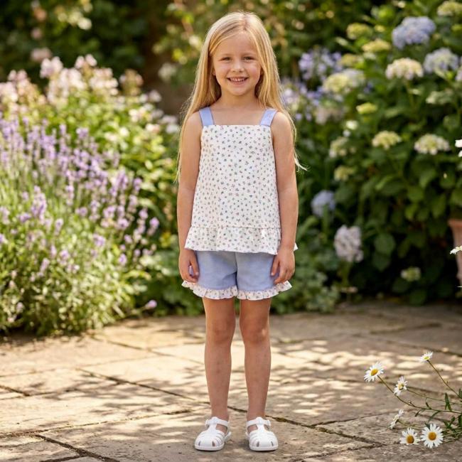 Picture of Rapife Summer Girls Floral Ruffle Sun Top & Shorts Set X 2 - Pale Blue
