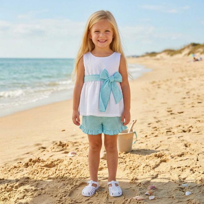 Picture of Rapife Summer Girls Plumetti Blouse & Shorts Set X 2 - Turquoise Check