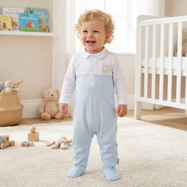 Picture of Blues Baby Boys Rockinghorse Bodice Jersey Babygrow - Blue White 