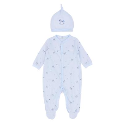 Picture of Blues Baby Boys AOP Rockinghorse Jersey Babygrow & Hat Set X 2 - Blue Grey