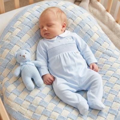 Picture of Blues Baby Boys Smocked Bodice Jersey Babygrow - Blue White