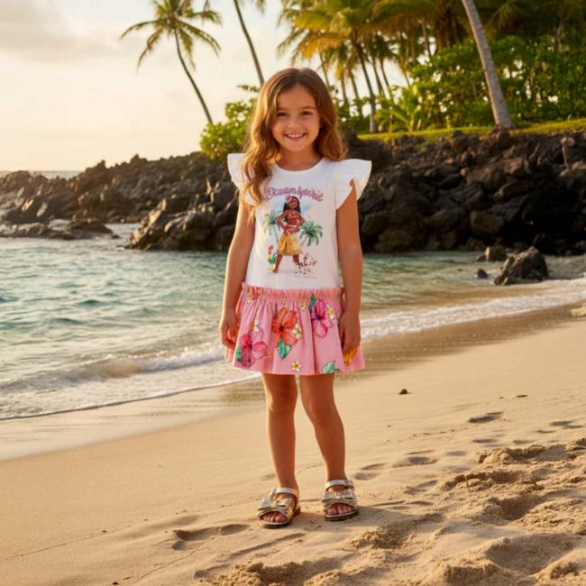 Picture of Monnalisa Girls Disney Moana Drop Waist Jersey Dress - White Multi