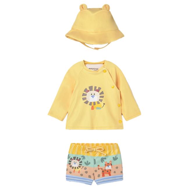 Picture of Mayoral Newborn Boys Lion Swim Shorts Rashguard & Sunhat Set X 3 - Yellow Multi