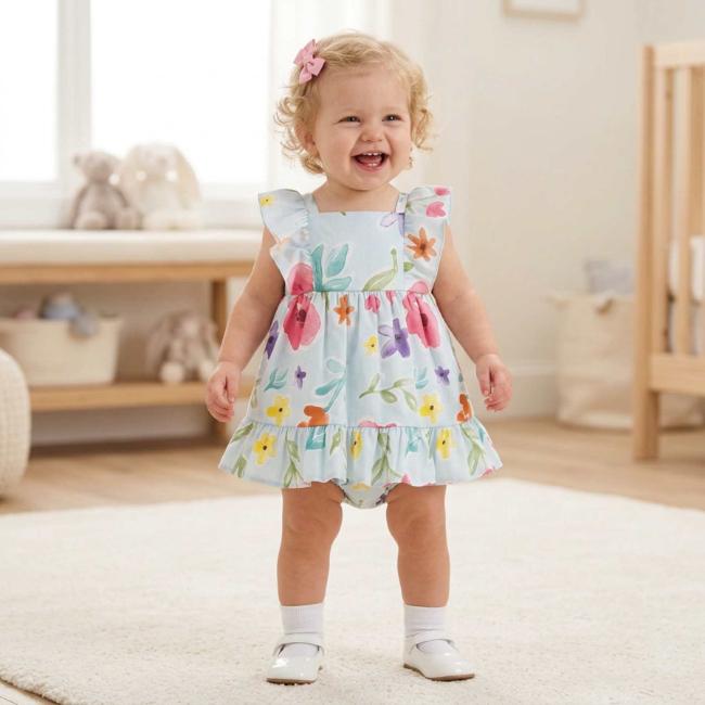 Picture of Mayoral Newborn Girls Ruffle Floral Hawaii Dress & Panties Set X 2 - Aqua Multi