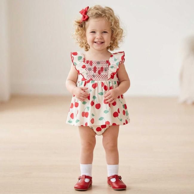 Picture of Tutto Piccolo Summer Girls Smock Cherry Dress & Panties Set X 2 - Ivory Red