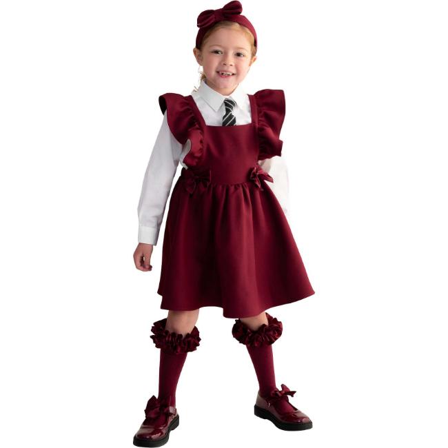 Picture of PRE ORDER Caramelo Kids Girls Frill School Pinafore With Bows - Maroon Burgundy