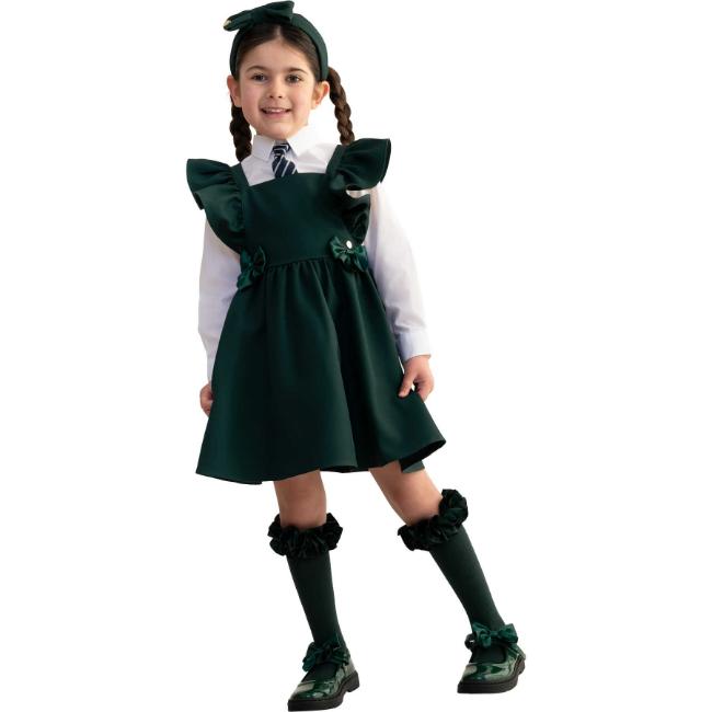 Picture of PRE ORDER Caramelo Kids Girls Frill School Pinafore With Bows - Bottle Green