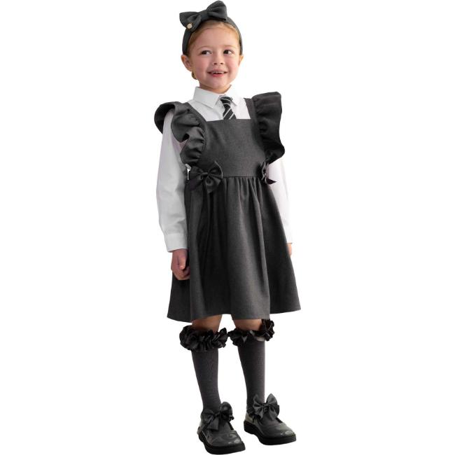 Picture of PRE ORDER Caramelo Kids Girls Frill School Pinafore With Bows - Grey