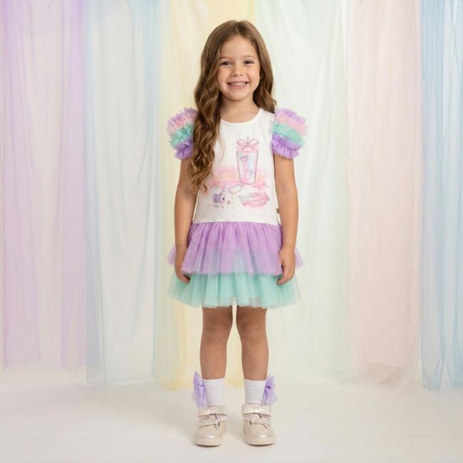 Picture of Caramelo Kids Girls Summer Crafty Tulle & Jersey Graphic Dress With Gift - Rainbow