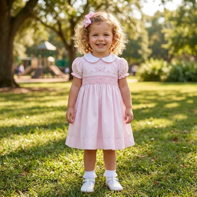 Picture of Sarah Louise Girls Smocked Bodice Puff Sleeve Dress - Pink White
