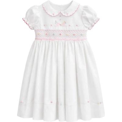 Picture of Sarah Louise Girls Smocked Bodice Puff Sleeve Dress - White Pink