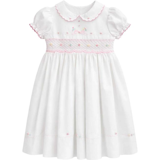 Picture of Sarah Louise Girls Smocked Bodice Puff Sleeve Dress - White Pink