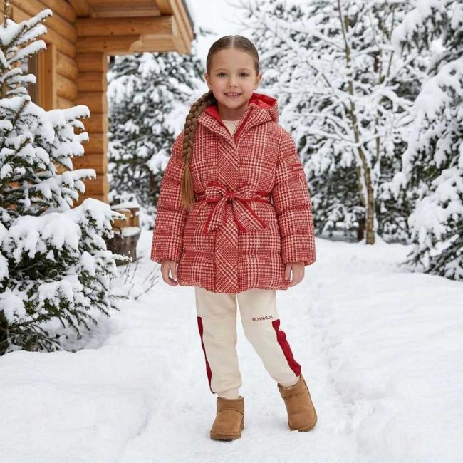 Picture of PRE ORDER Monnalisa Girls Padded Check Coat With Hood - Red