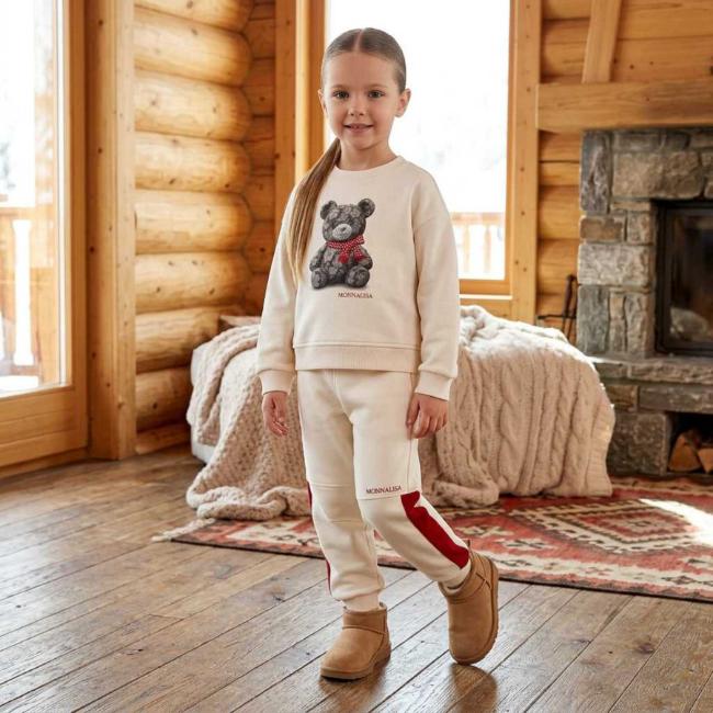 Picture of PRE ORDER Monnalisa Girls Teddy Crew Neck Jogger Set X 2 - Ivory Red