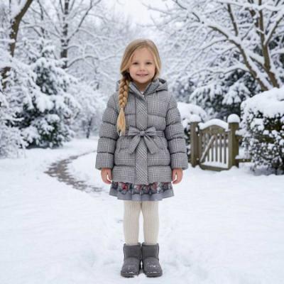 Picture of PRE ORDER Monnalisa Girls Padded Check Coat With Hood - Grey