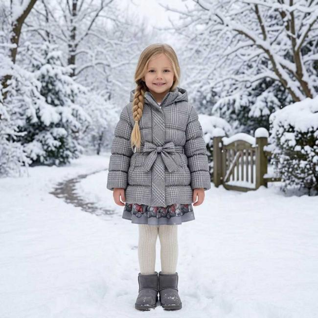 Picture of PRE ORDER Monnalisa Girls Padded Check Coat With Hood - Grey
