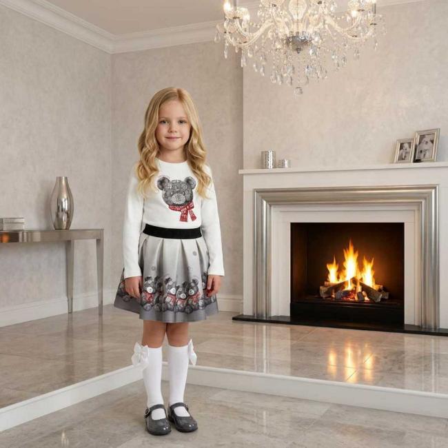Picture of PRE ORDER Monnalisa Girls Teddy Top & Skirt Set X 2 - Ivory Grey Red
