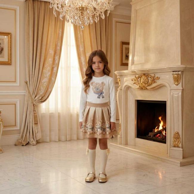 Picture of PRE ORDER Monnalisa Girls Teddy Top & Skirt Set X 2 - Ivory Beige Grey