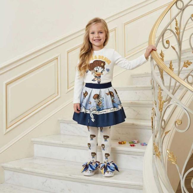 Picture of PRE ORDER Monnalisa Girls Daisy Duck Top & Skirt Set X 2 - Ivory Navy Blue
