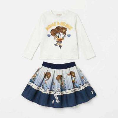 Picture of PRE ORDER Monnalisa Girls Daisy Duck Top & Skirt Set X 2 - Ivory Navy Blue