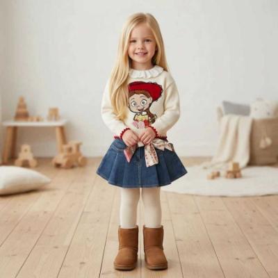 Picture of PRE ORDER Monnalisa Girls Toy Story Blouse Jumper & Denim Skirt Set X 3 - Ivory Navy Blue