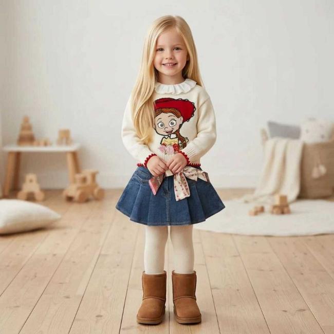 Picture of PRE ORDER Monnalisa Girls Toy Story Blouse Jumper & Denim Skirt Set X 3 - Ivory Navy Blue