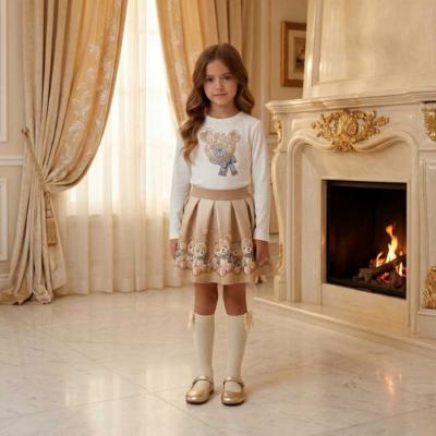 Picture of PRE ORDER Monnalisa Girls Teddy Top & Skirt Set X 2 - Ivory Beige Grey