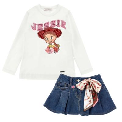 Picture of PRE ORDER Monnalisa Girls Toy Story Jessie Top & Denim Skirt Set X 2 - Ivory Navy Blue