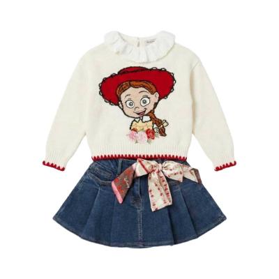 Picture of PRE ORDER Monnalisa Girls Toy Story Blouse Jumper & Denim Skirt Set X 3 - Ivory Navy Blue