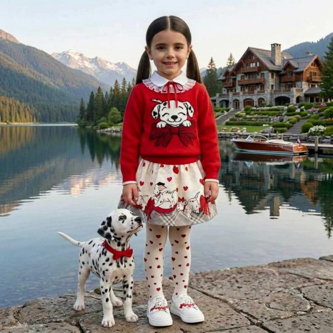 Picture of PRE ORDER Monnalisa Bebe Girls Dalmatian Jumper Blouse & Skirt Set X 3 - Ivory Red