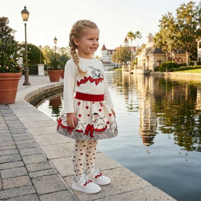 Picture of PRE ORDER Monnalisa Bebe Girls Dalmatian Bow Top & Skirt Set X 2 - Ivory Red