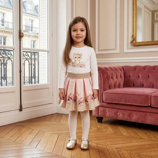 Picture of PRE ORDER Monnalisa Bebe Girls Rose Leopard Top & Skirt Set X 2 -  Ivory Pink