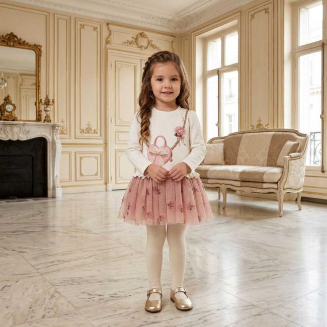 Picture of PRE ORDER Monnalisa Bebe Girls Rose Leopard Drop Waist Dress -  Ivory Pink